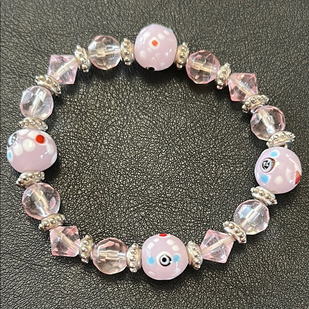 Pink Glass With Silver-Tone Spacer Stretch Bracelet Vintage